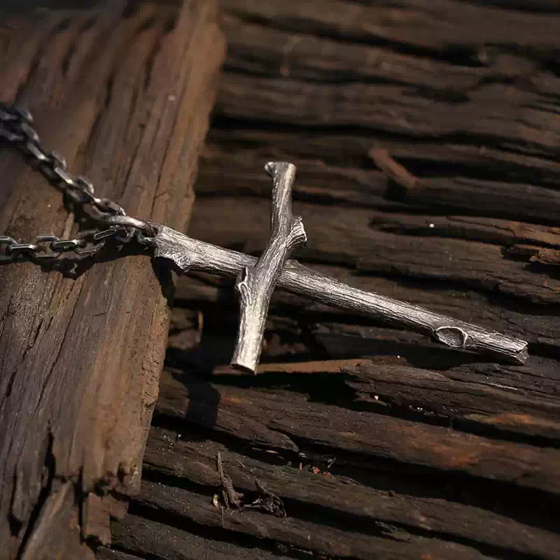 {yopray}Twig Cross — Thai Silver & Wood Pendant Necklace