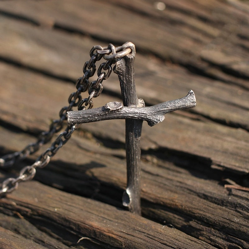 {yopray}Twig Cross — Thai Silver & Wood Pendant Necklace