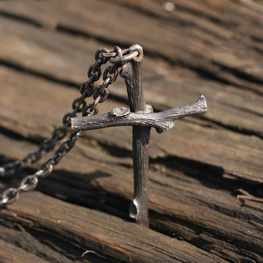 {yopray}Twig Cross — Thai Silver & Wood Pendant Necklace