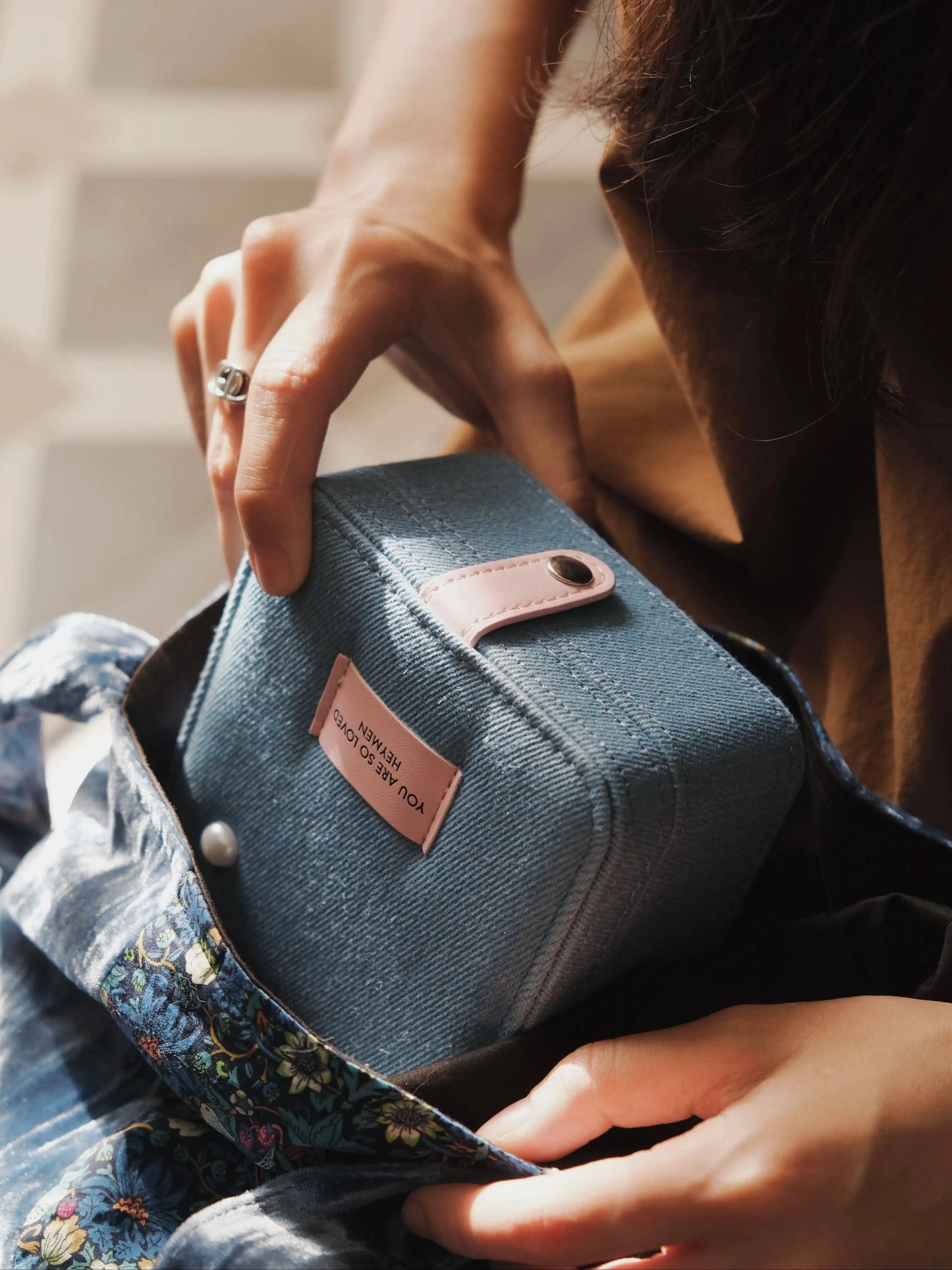 {heym}You Are a Treasure — Pearl-Embellished Denim Travel Jewelry Case