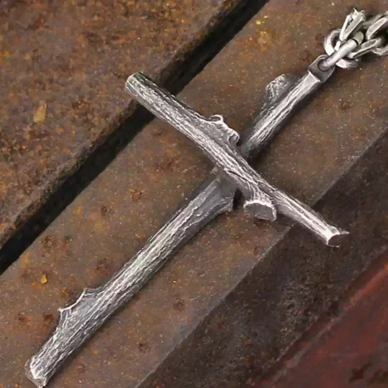 {yopray}Twig Cross — Thai Silver & Wood Pendant Necklace