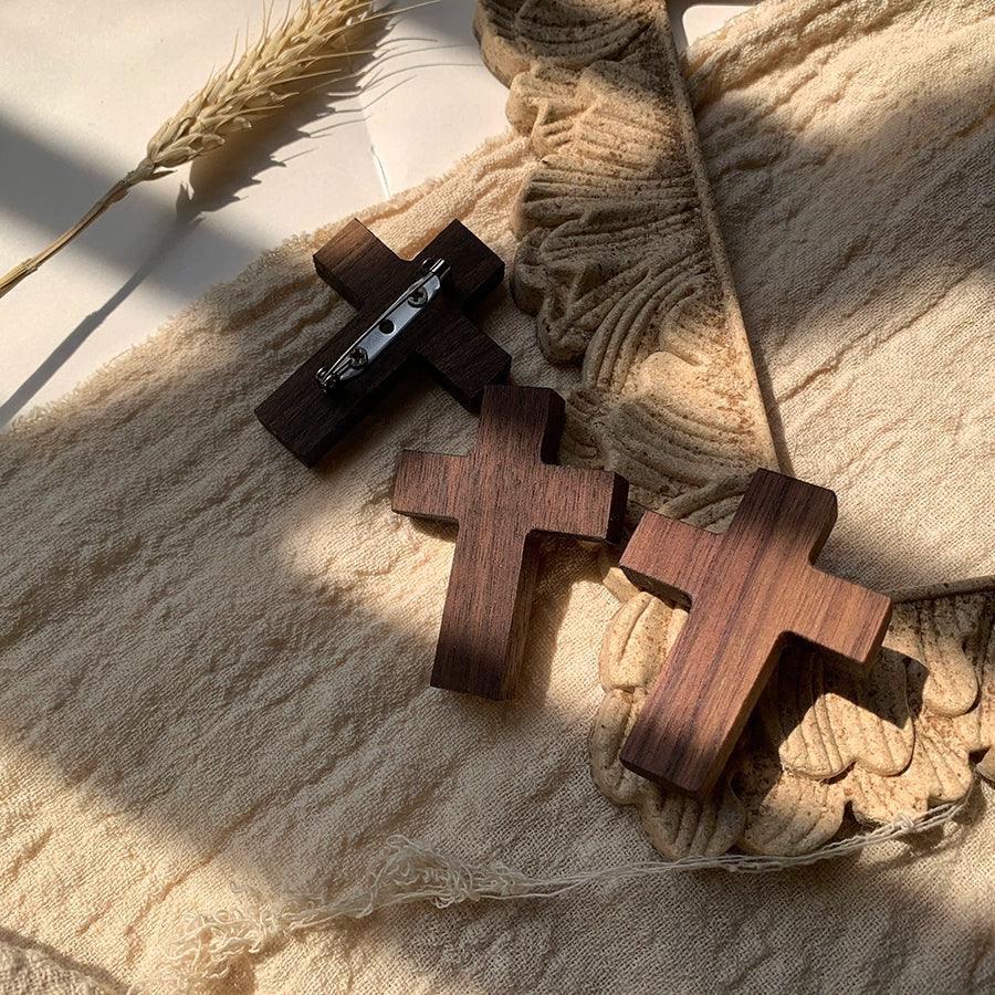 {Cross on the heart}Black walnut brooch