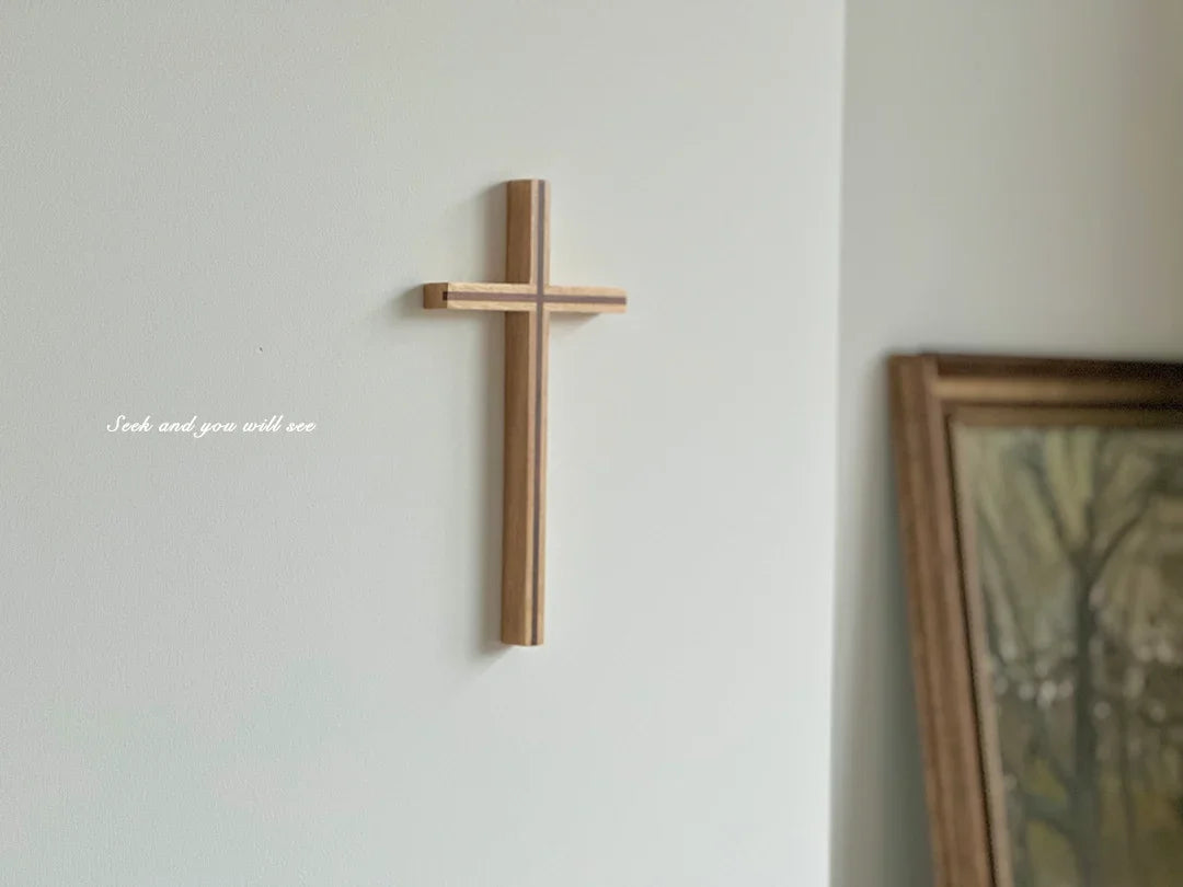 {Rustic Grace}Oak black walnut splicing cross pendant wall decoration simple home living room
