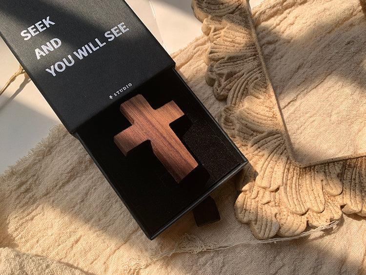{Cross on the heart}Black walnut brooch