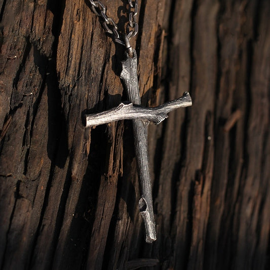 {yopray}Twig Cross — Thai Silver & Wood Pendant Necklace