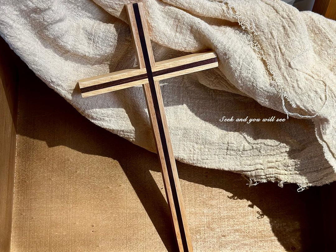 {Rustic Grace}Oak black walnut splicing cross pendant wall decoration simple home living room